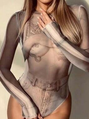 SHEIN Taupe Sheer Long-Sleeve Printed Illusion Bodysuit